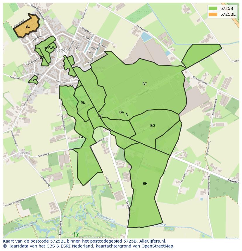 Afbeelding van het postcodegebied 5725 BL op de kaart.