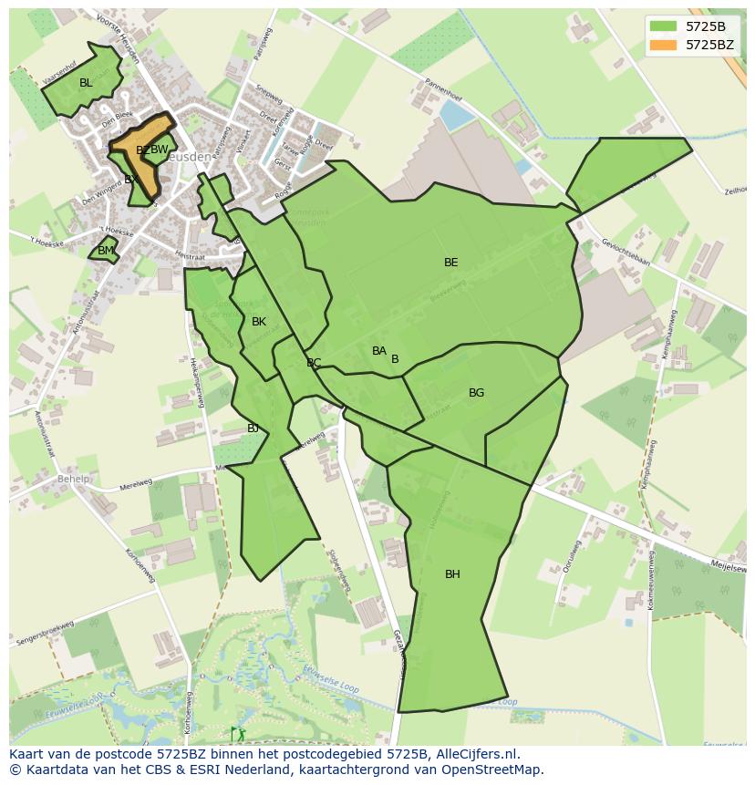 Afbeelding van het postcodegebied 5725 BZ op de kaart.