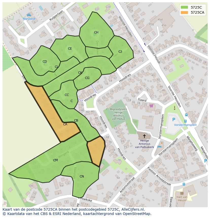 Afbeelding van het postcodegebied 5725 CA op de kaart.