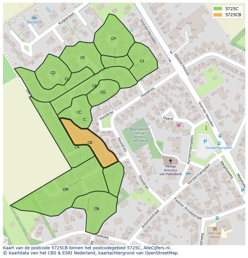 Afbeelding van het postcodegebied 5725 CB op de kaart.