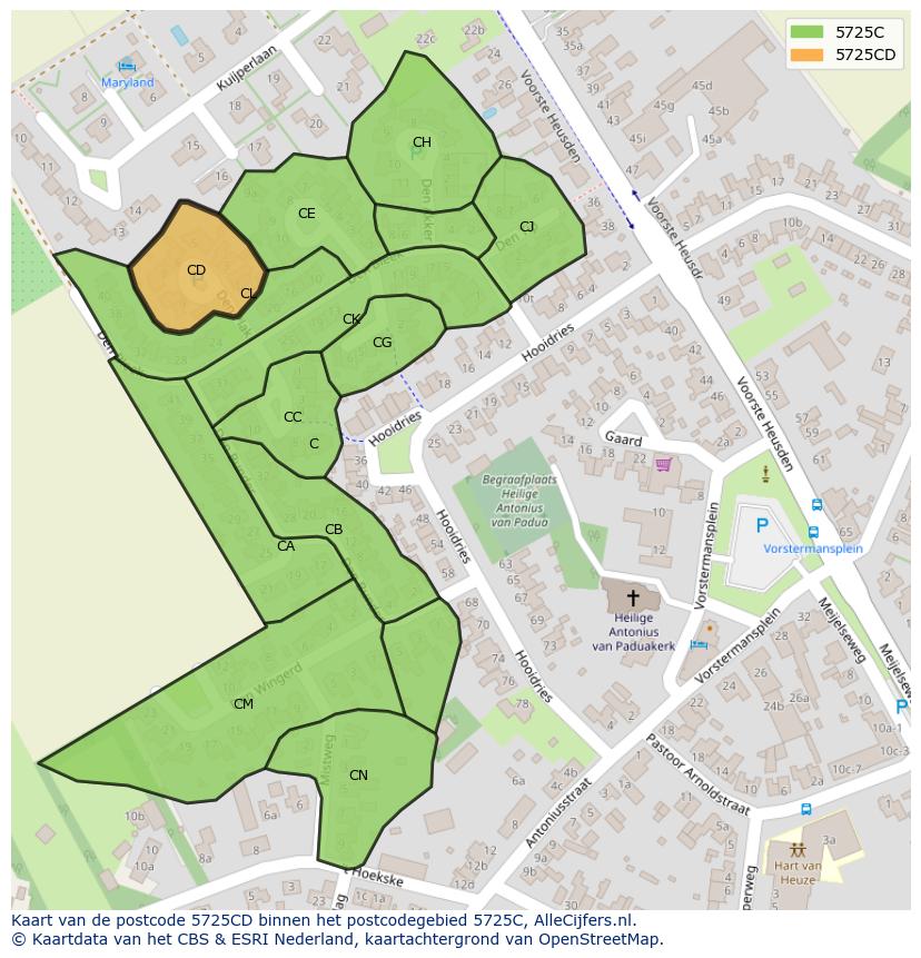 Afbeelding van het postcodegebied 5725 CD op de kaart.