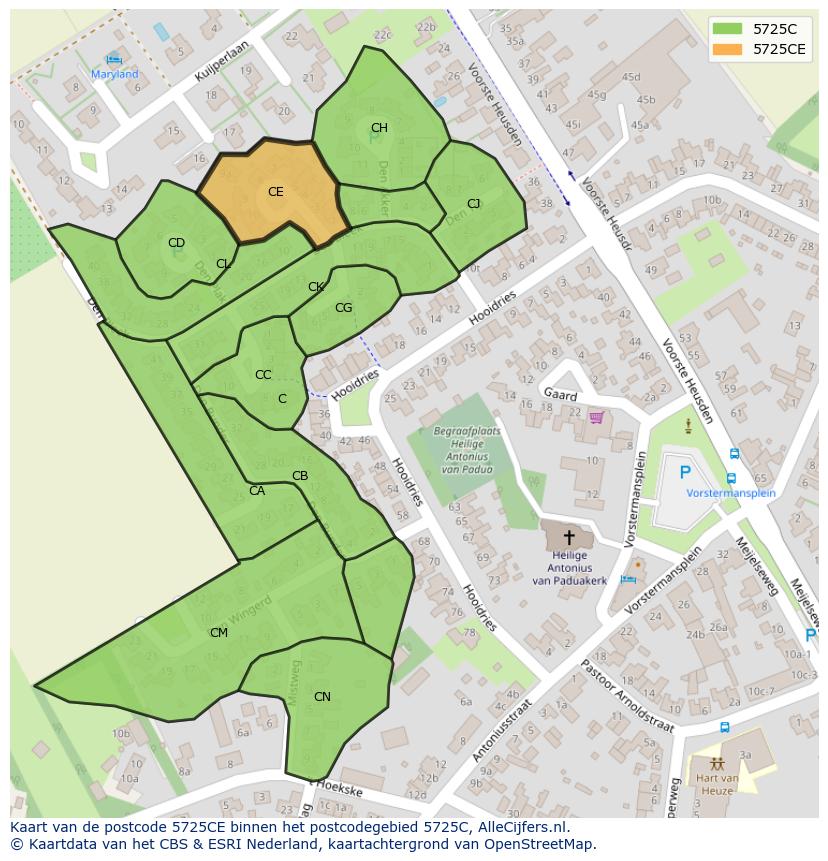 Afbeelding van het postcodegebied 5725 CE op de kaart.