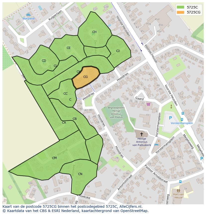 Afbeelding van het postcodegebied 5725 CG op de kaart.