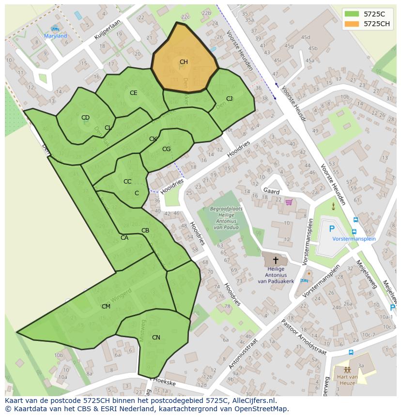 Afbeelding van het postcodegebied 5725 CH op de kaart.