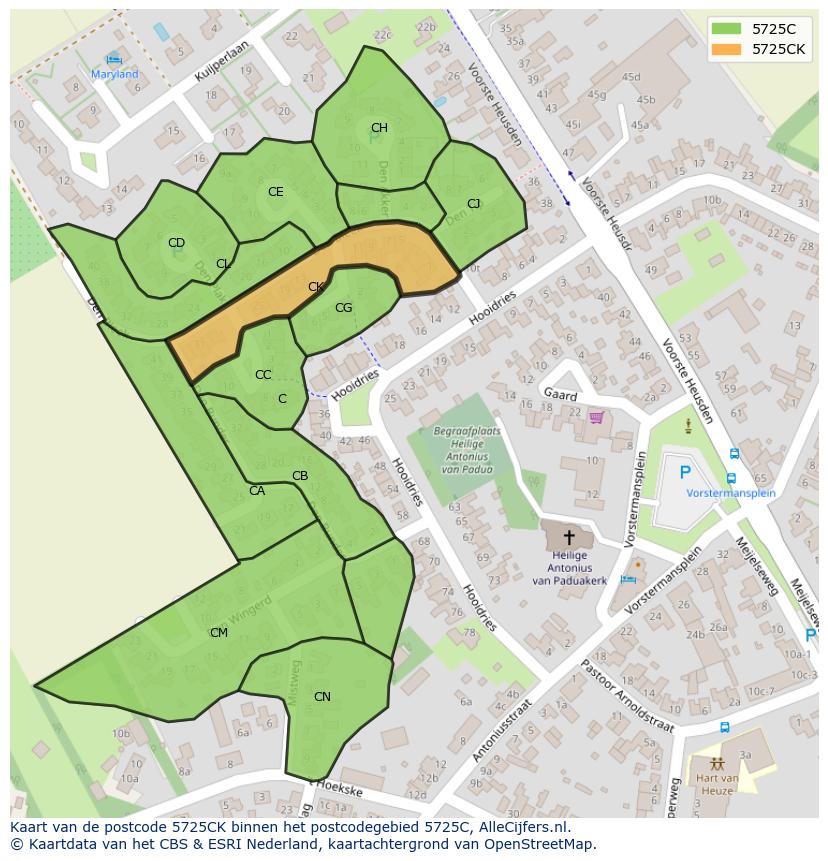 Afbeelding van het postcodegebied 5725 CK op de kaart.