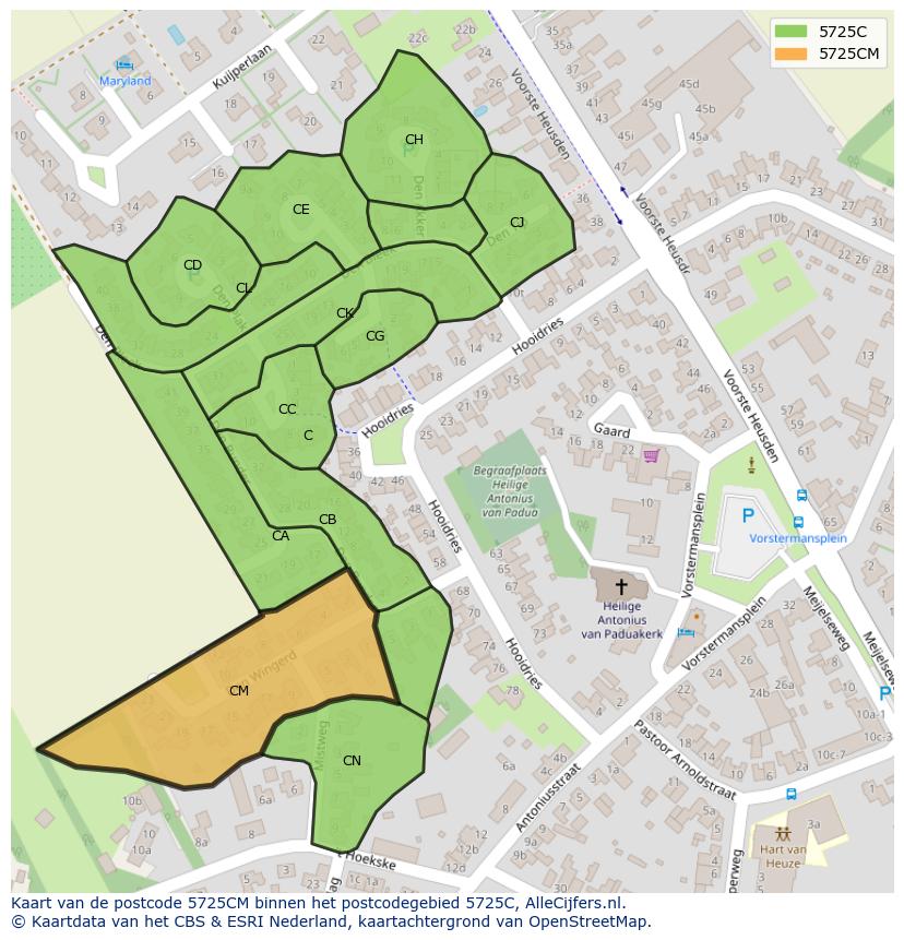 Afbeelding van het postcodegebied 5725 CM op de kaart.