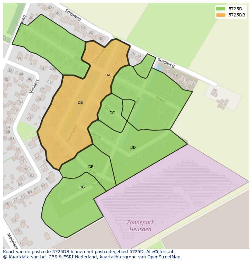 Afbeelding van het postcodegebied 5725 DB op de kaart.
