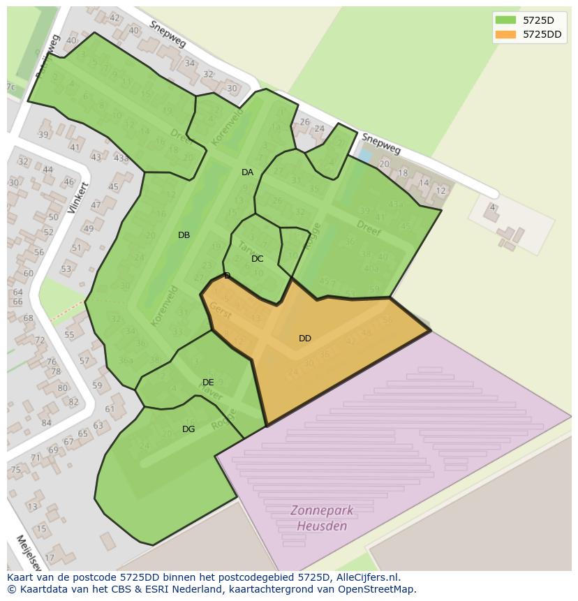 Afbeelding van het postcodegebied 5725 DD op de kaart.