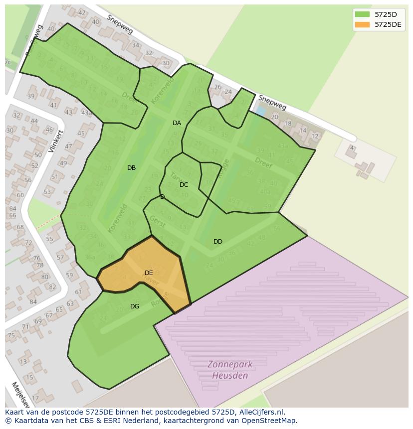 Afbeelding van het postcodegebied 5725 DE op de kaart.