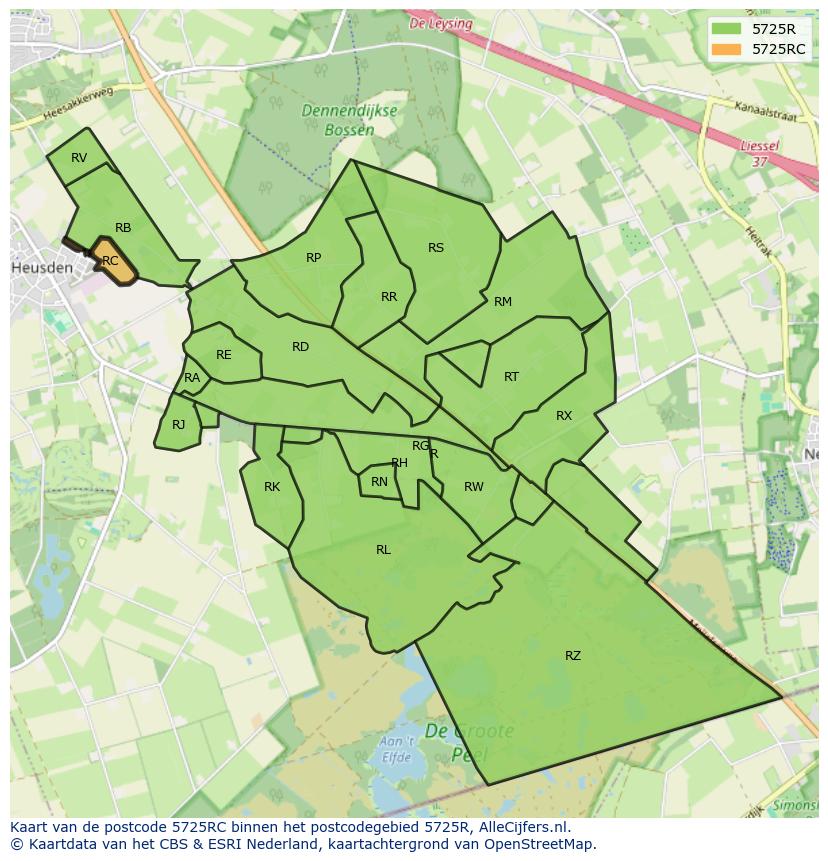 Afbeelding van het postcodegebied 5725 RC op de kaart.