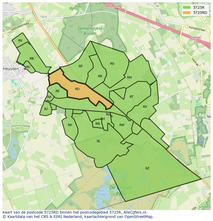 Afbeelding van het postcodegebied 5725 RD op de kaart.