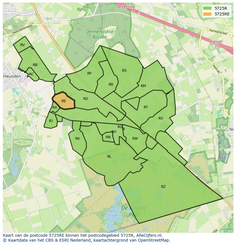 Afbeelding van het postcodegebied 5725 RE op de kaart.