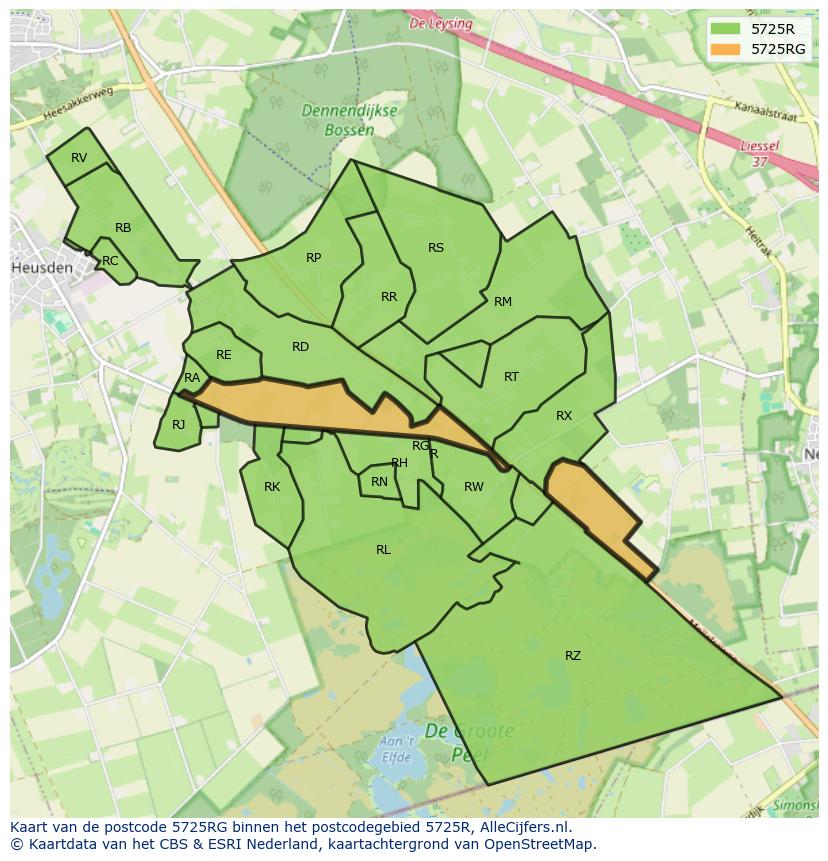 Afbeelding van het postcodegebied 5725 RG op de kaart.