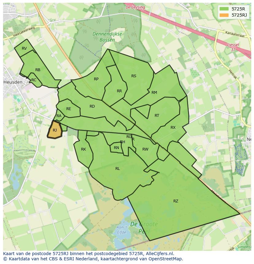 Afbeelding van het postcodegebied 5725 RJ op de kaart.