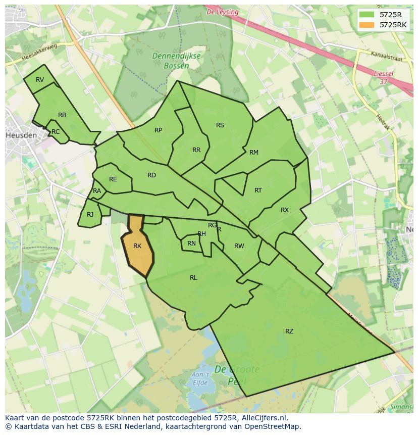 Afbeelding van het postcodegebied 5725 RK op de kaart.
