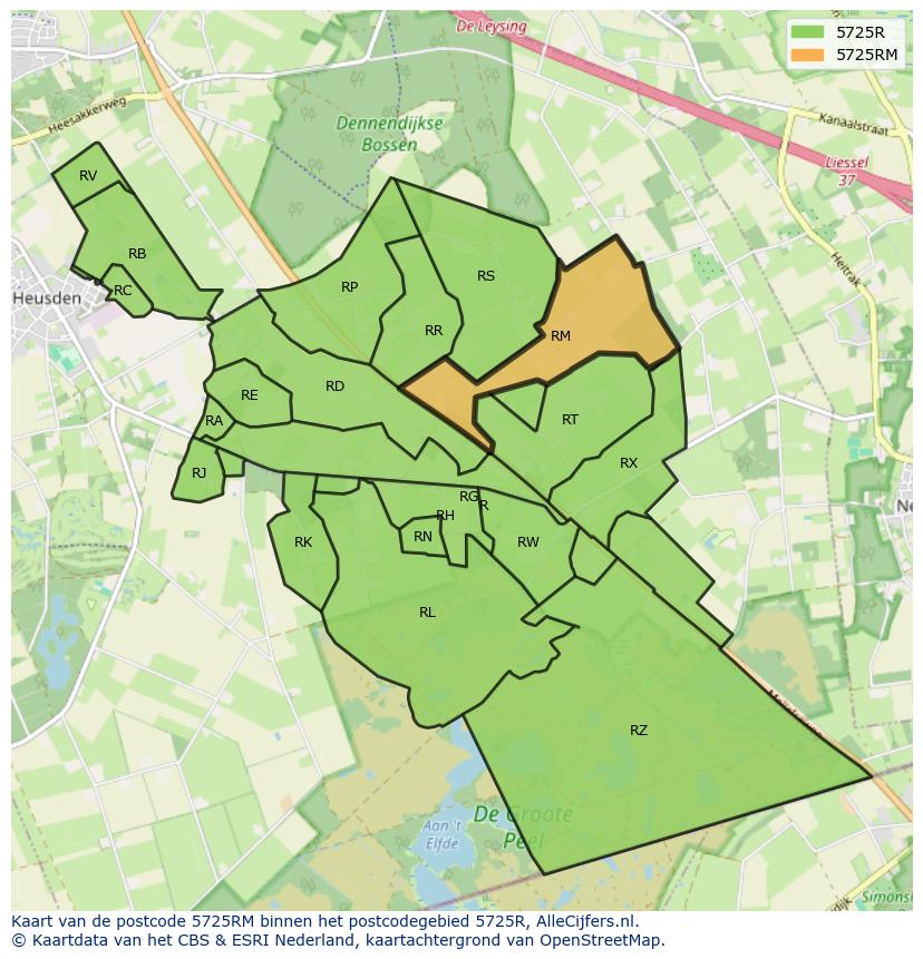 Afbeelding van het postcodegebied 5725 RM op de kaart.