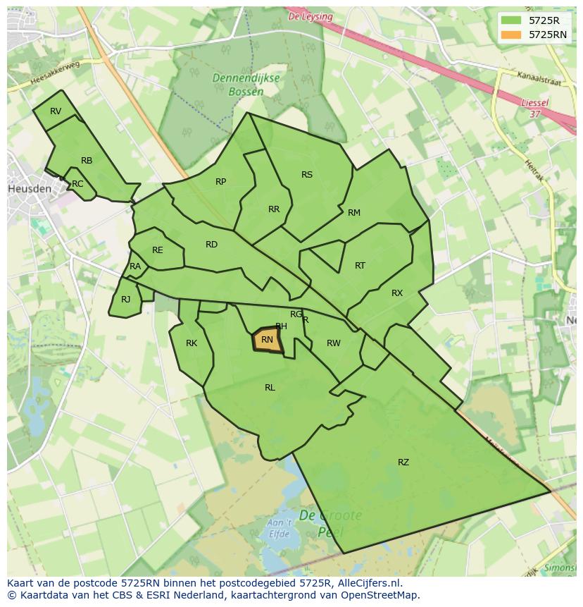 Afbeelding van het postcodegebied 5725 RN op de kaart.