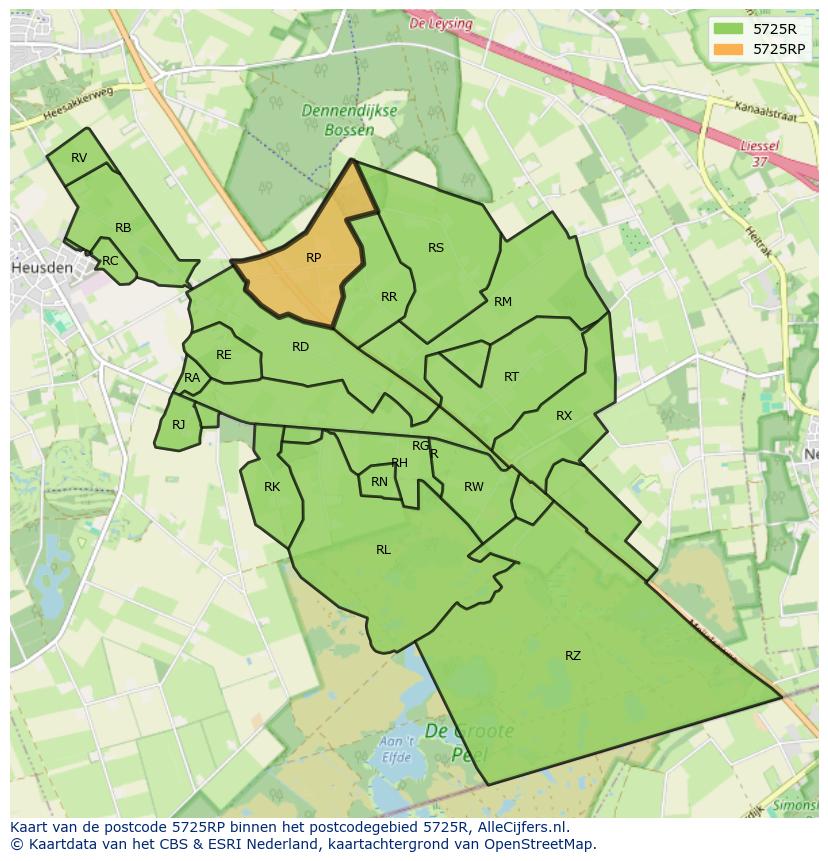 Afbeelding van het postcodegebied 5725 RP op de kaart.