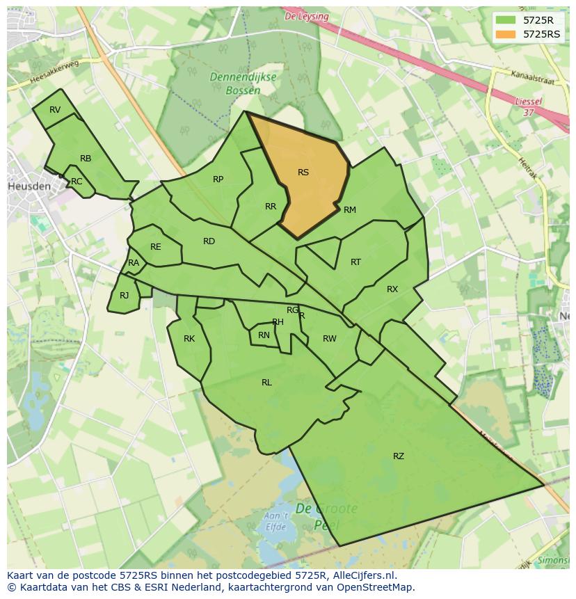 Afbeelding van het postcodegebied 5725 RS op de kaart.