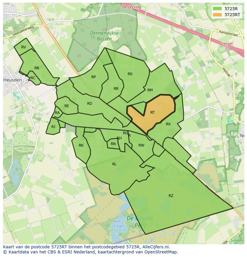 Afbeelding van het postcodegebied 5725 RT op de kaart.