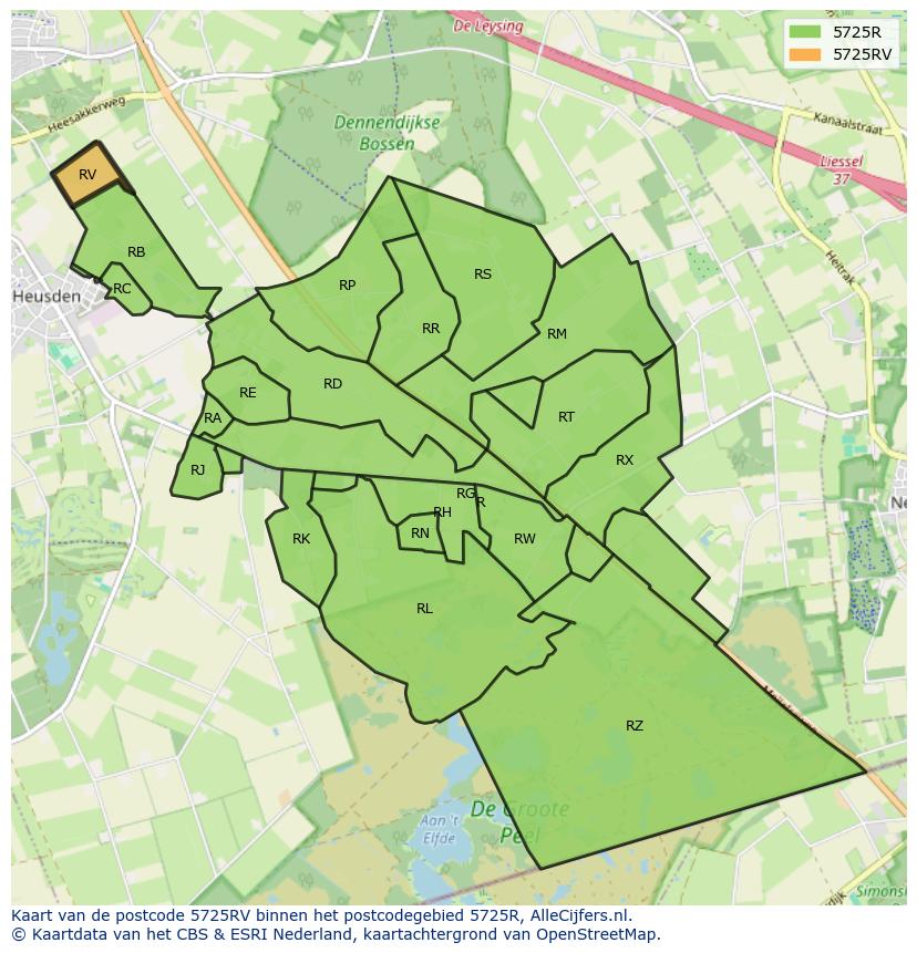 Afbeelding van het postcodegebied 5725 RV op de kaart.