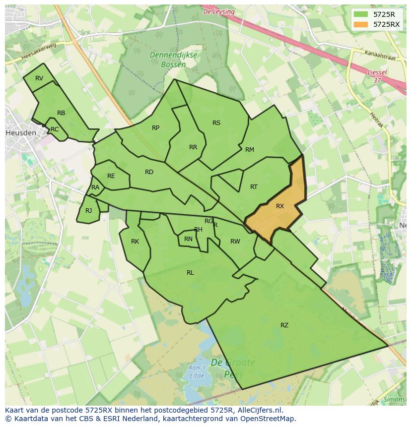 Afbeelding van het postcodegebied 5725 RX op de kaart.
