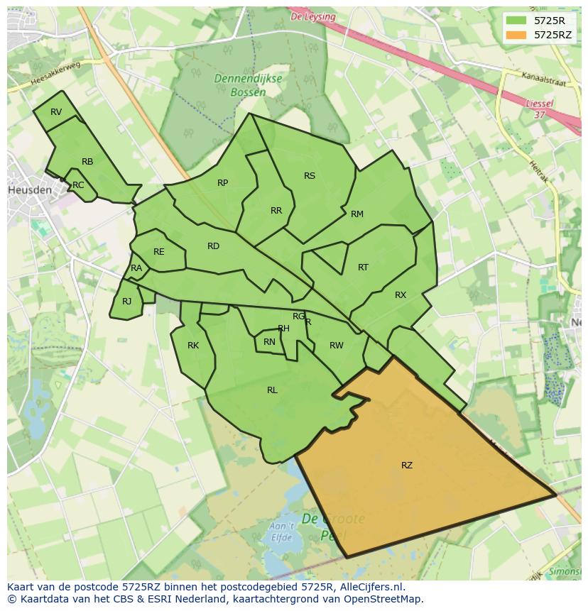 Afbeelding van het postcodegebied 5725 RZ op de kaart.