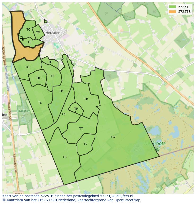 Afbeelding van het postcodegebied 5725 TB op de kaart.