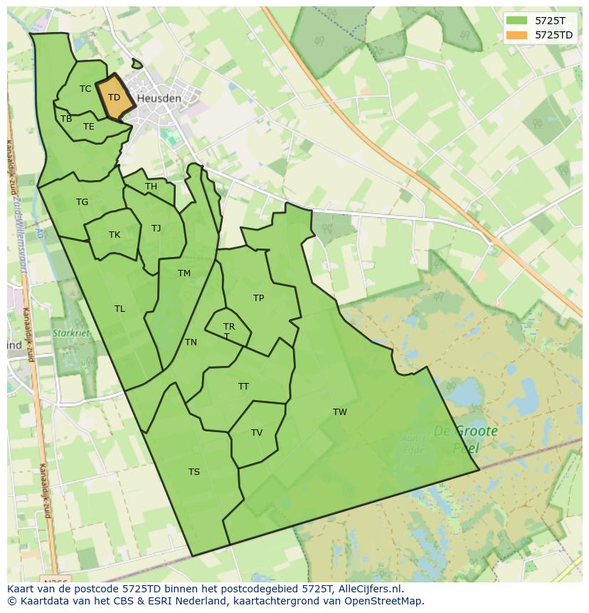 Afbeelding van het postcodegebied 5725 TD op de kaart.