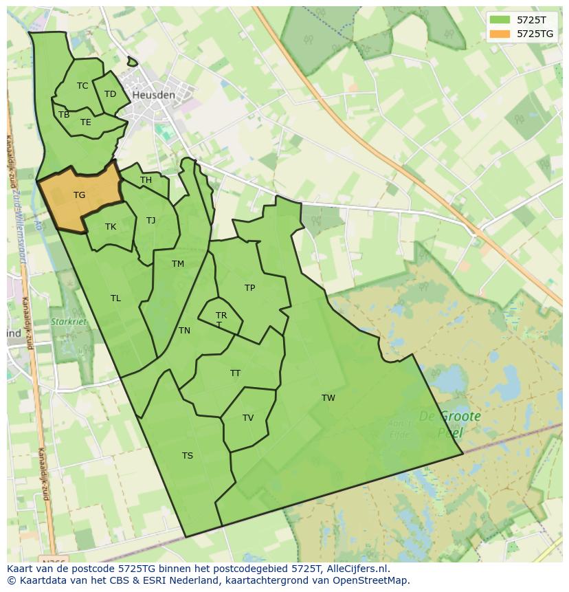 Afbeelding van het postcodegebied 5725 TG op de kaart.