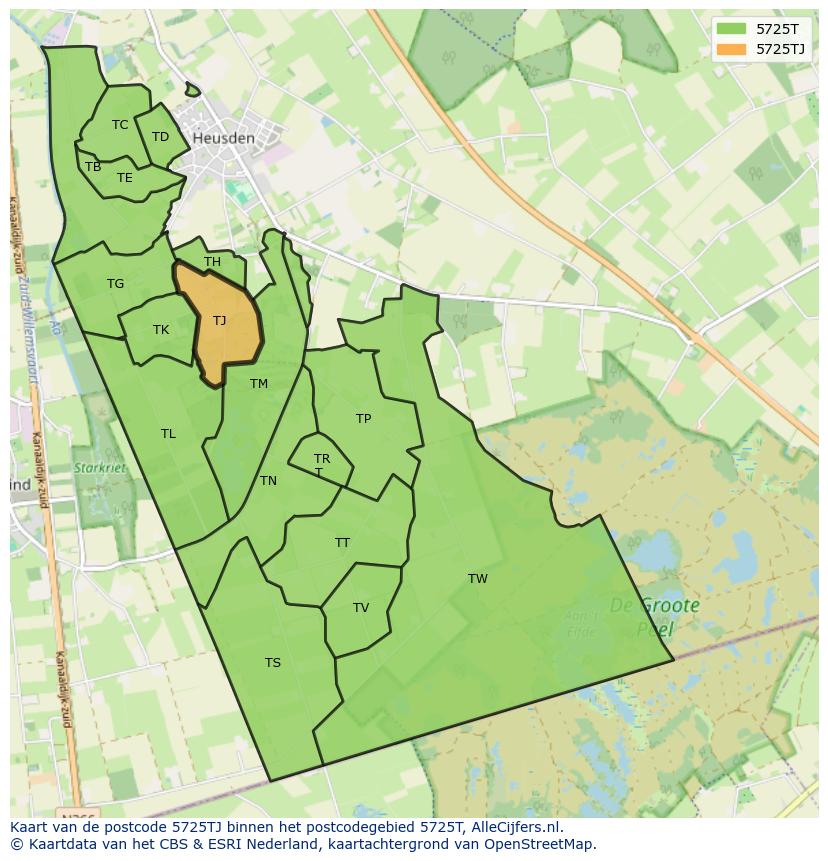 Afbeelding van het postcodegebied 5725 TJ op de kaart.