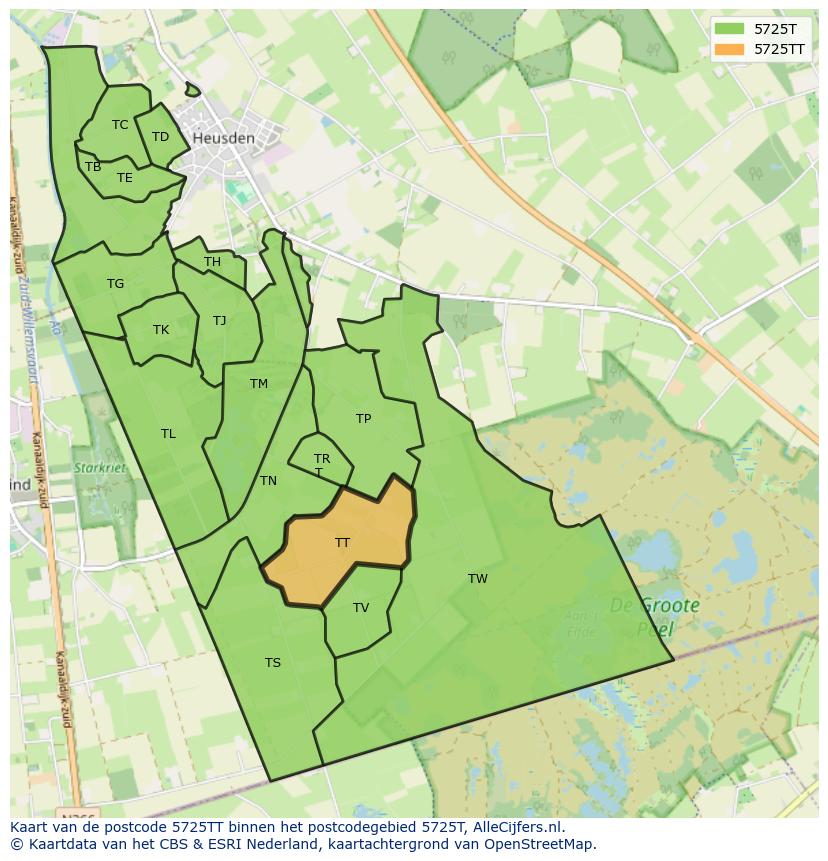 Afbeelding van het postcodegebied 5725 TT op de kaart.