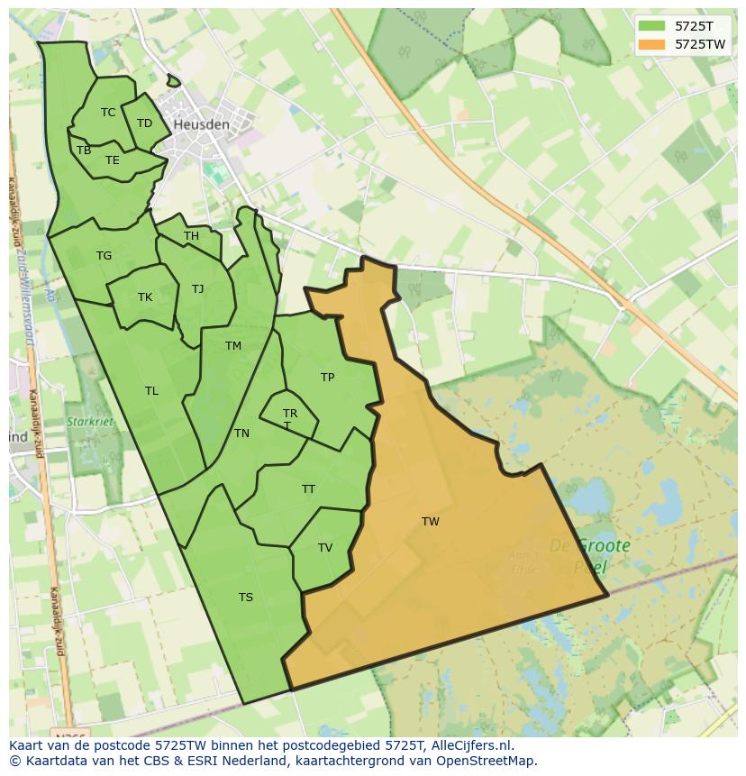 Afbeelding van het postcodegebied 5725 TW op de kaart.