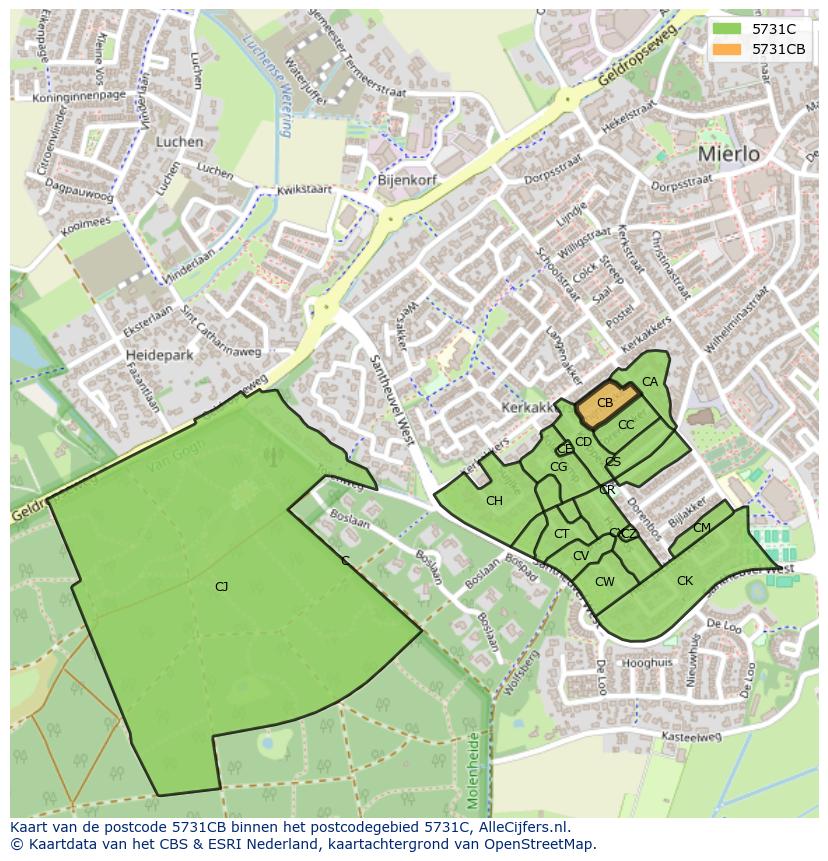 Afbeelding van het postcodegebied 5731 CB op de kaart.
