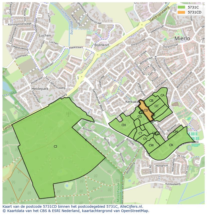 Afbeelding van het postcodegebied 5731 CD op de kaart.
