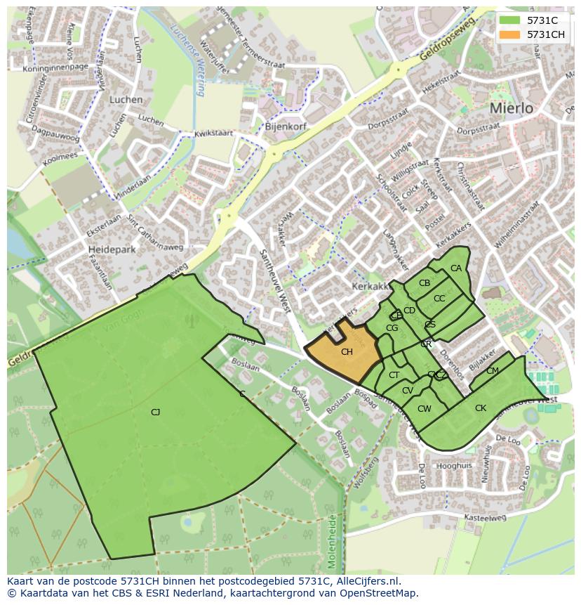 Afbeelding van het postcodegebied 5731 CH op de kaart.