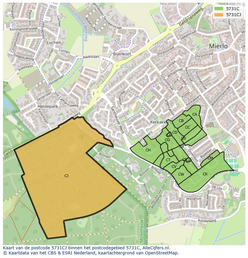 Afbeelding van het postcodegebied 5731 CJ op de kaart.