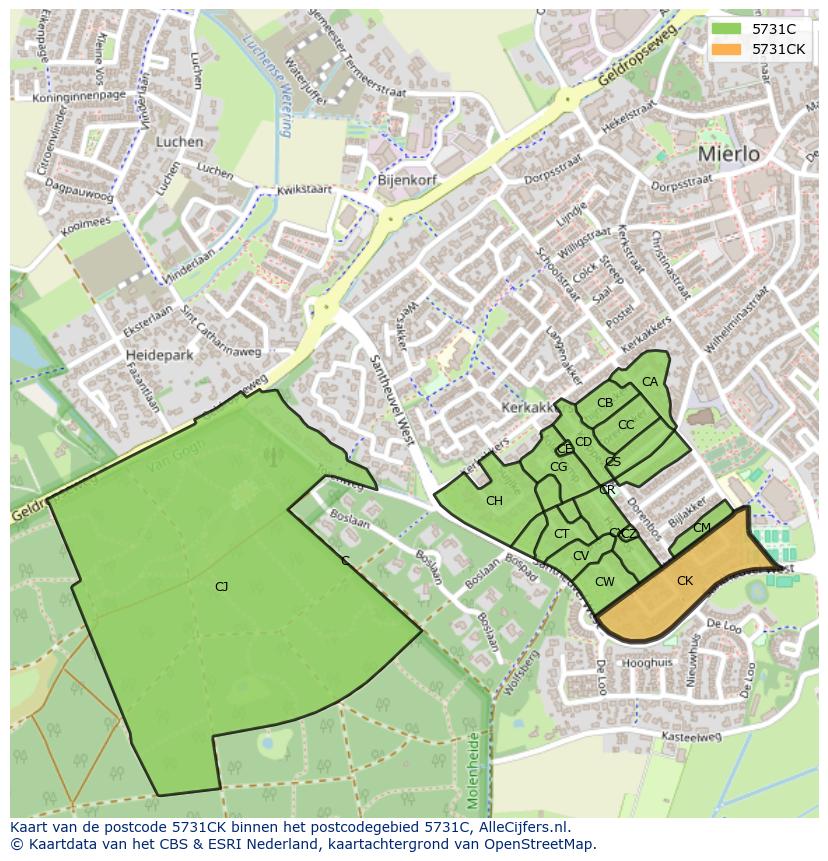 Afbeelding van het postcodegebied 5731 CK op de kaart.
