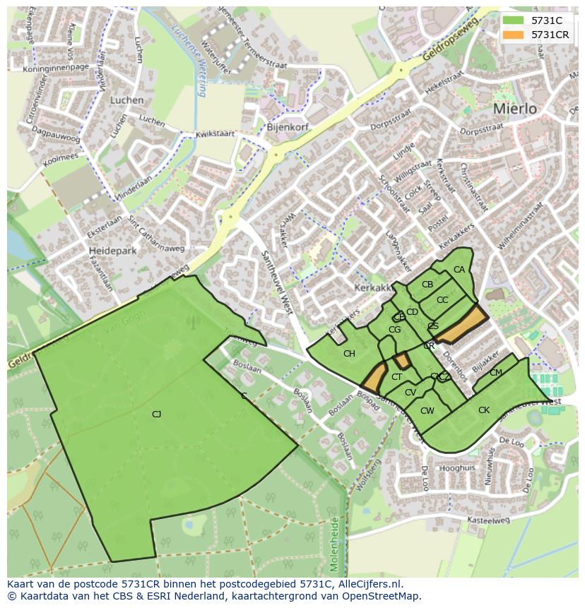Afbeelding van het postcodegebied 5731 CR op de kaart.