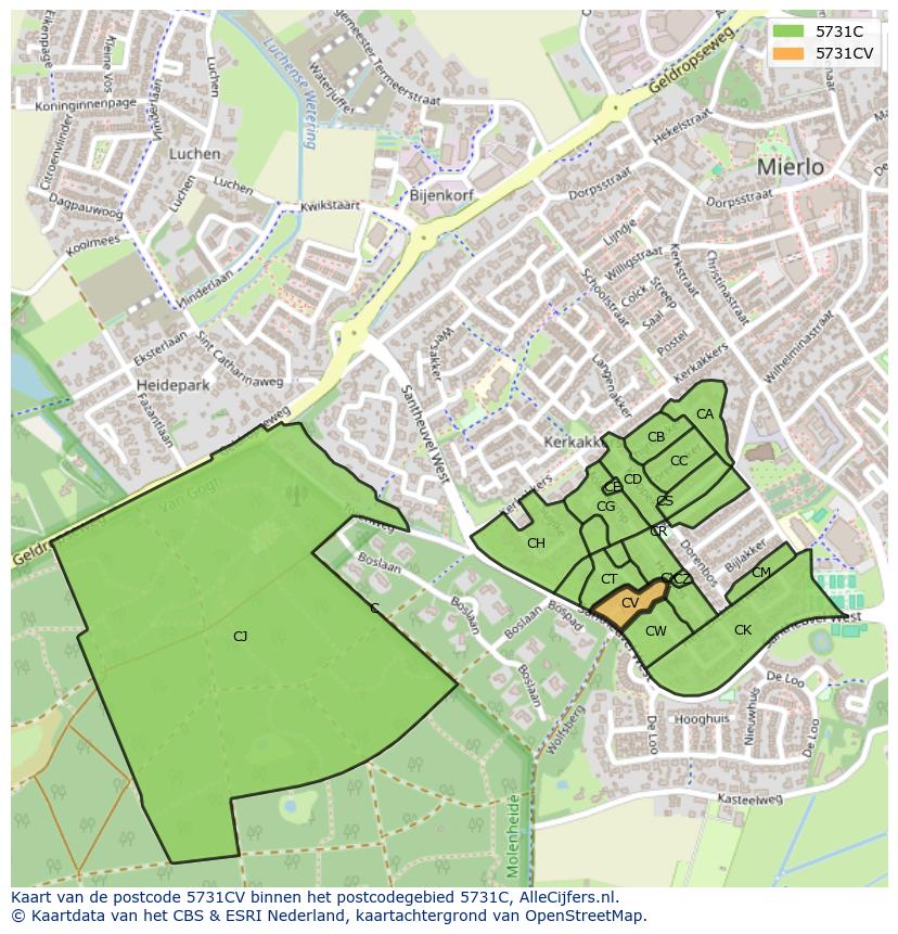 Afbeelding van het postcodegebied 5731 CV op de kaart.