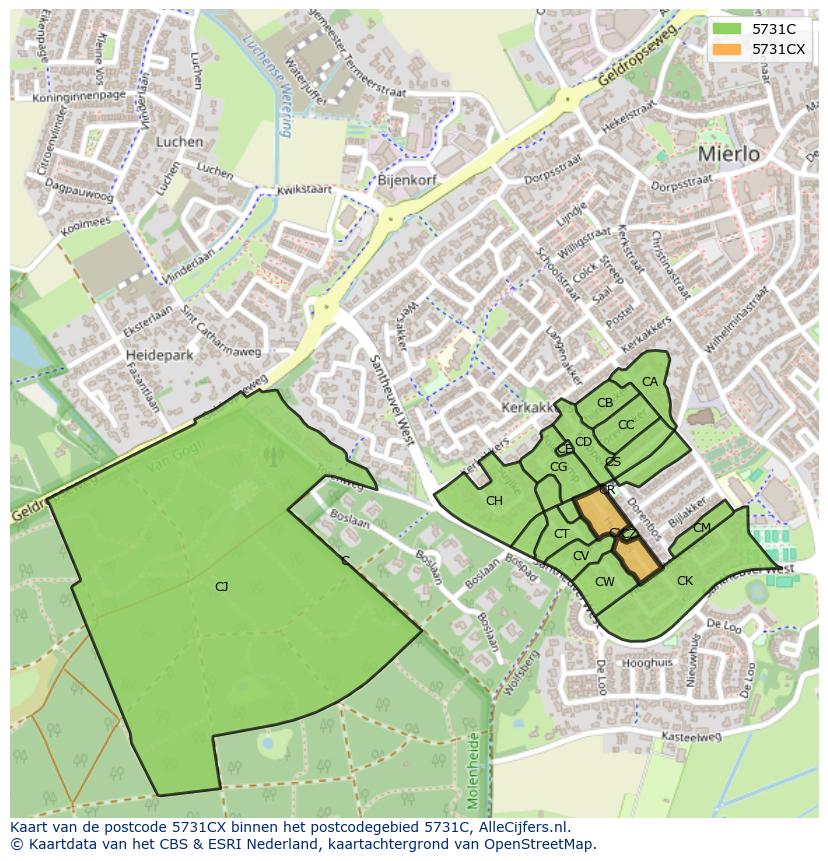 Afbeelding van het postcodegebied 5731 CX op de kaart.