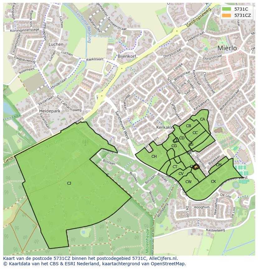 Afbeelding van het postcodegebied 5731 CZ op de kaart.