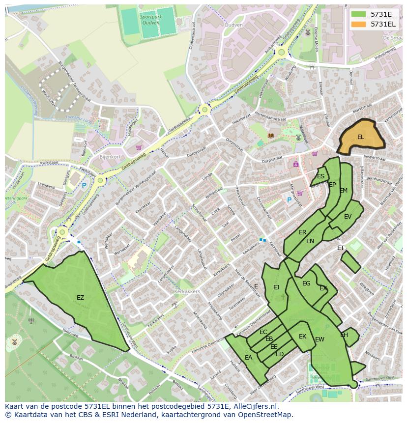 Afbeelding van het postcodegebied 5731 EL op de kaart.