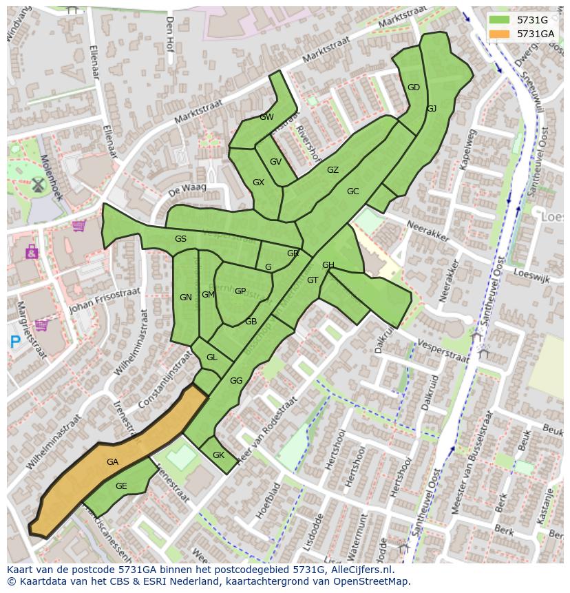 Afbeelding van het postcodegebied 5731 GA op de kaart.
