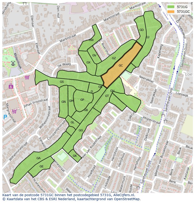 Afbeelding van het postcodegebied 5731 GC op de kaart.
