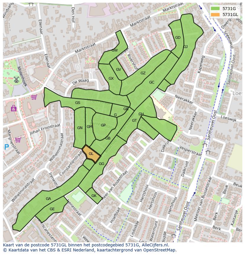 Afbeelding van het postcodegebied 5731 GL op de kaart.