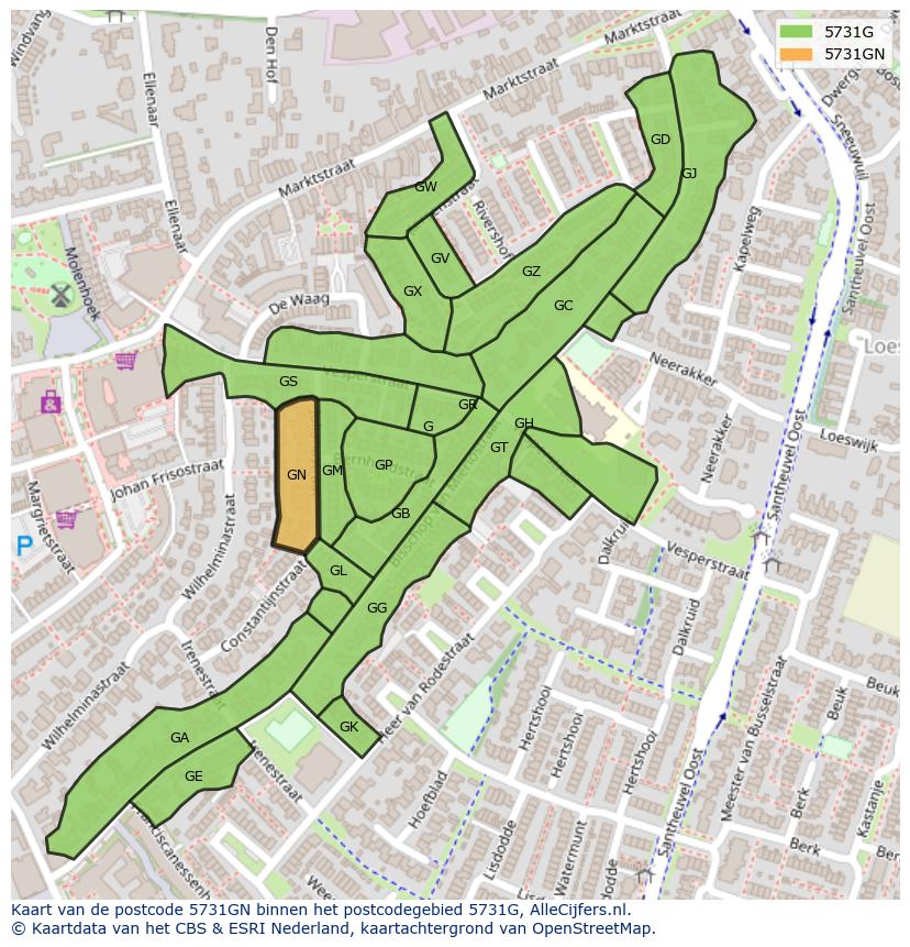 Afbeelding van het postcodegebied 5731 GN op de kaart.