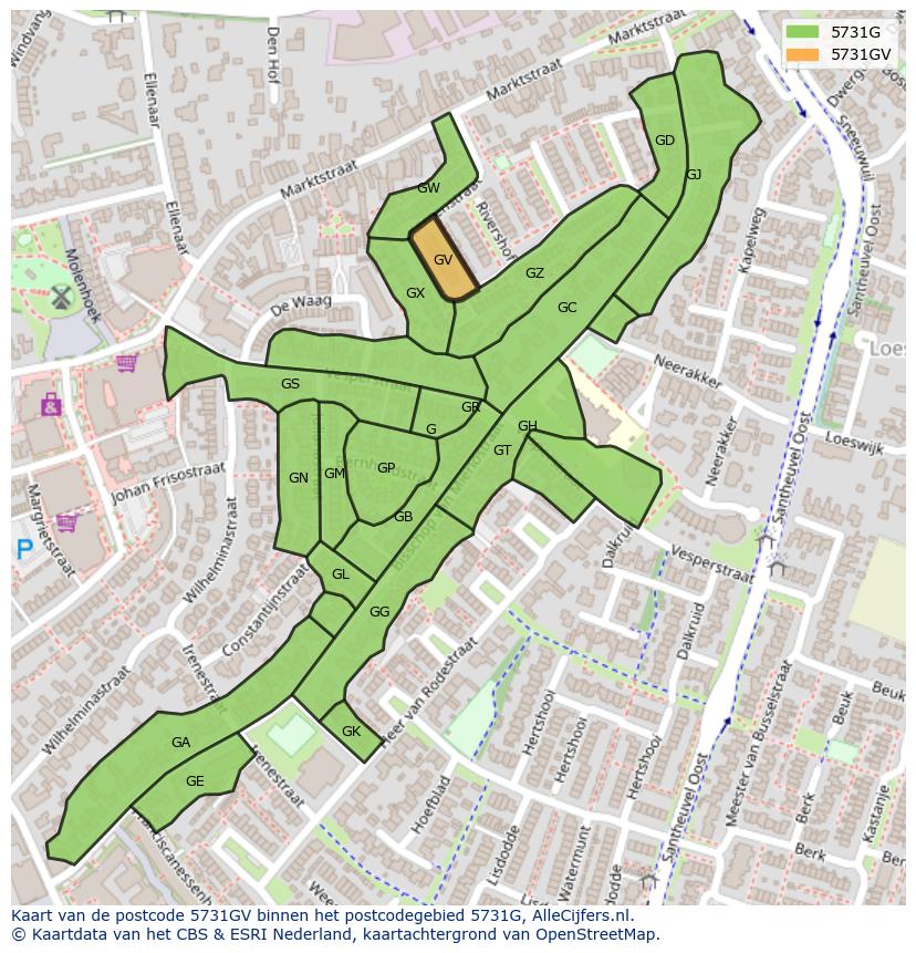 Afbeelding van het postcodegebied 5731 GV op de kaart.