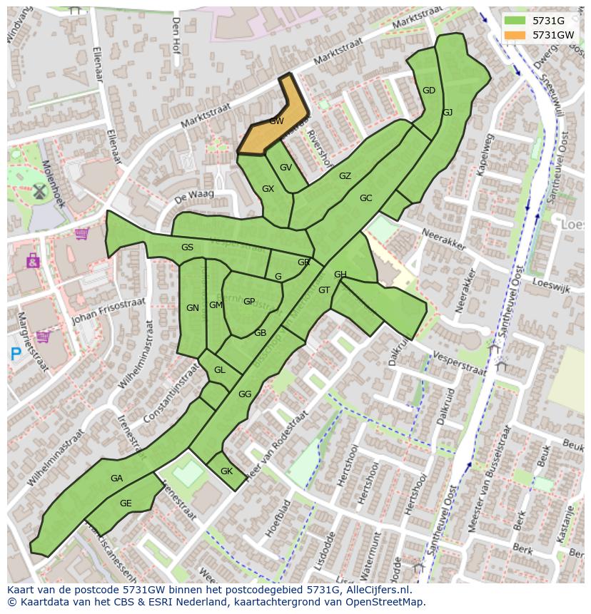Afbeelding van het postcodegebied 5731 GW op de kaart.