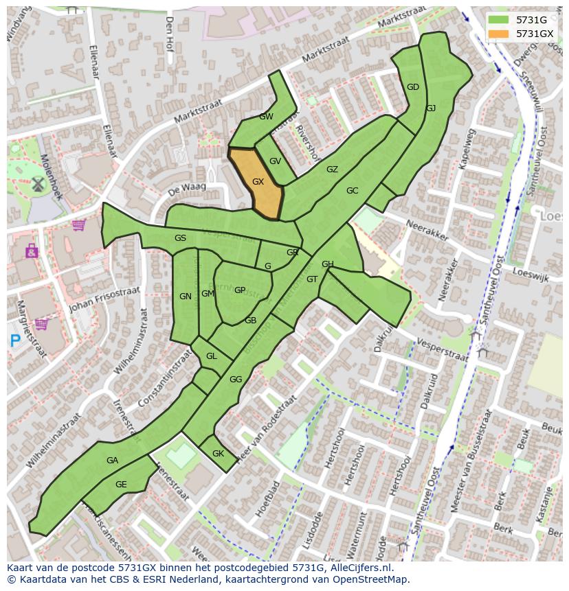 Afbeelding van het postcodegebied 5731 GX op de kaart.